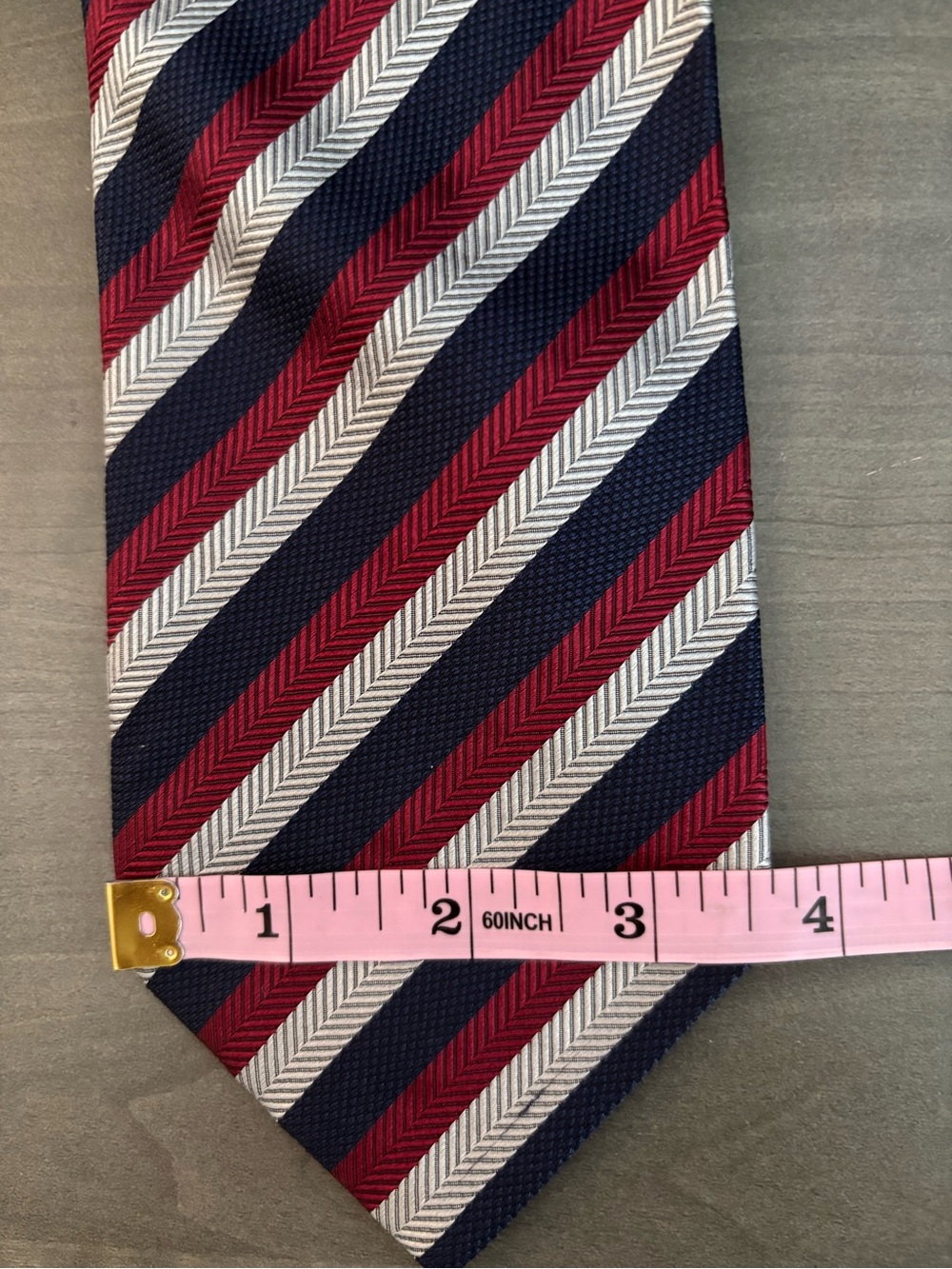 Bullock & Jones Handmade Italian Silk Tie Navy Red Silver Stripe Classic Tie - Picture 4 of 5
